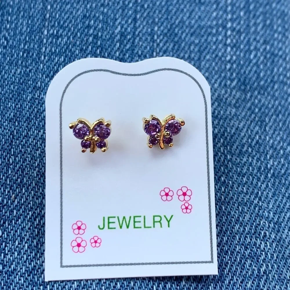 14k gold plated Purple Butterfly CZ Earrings